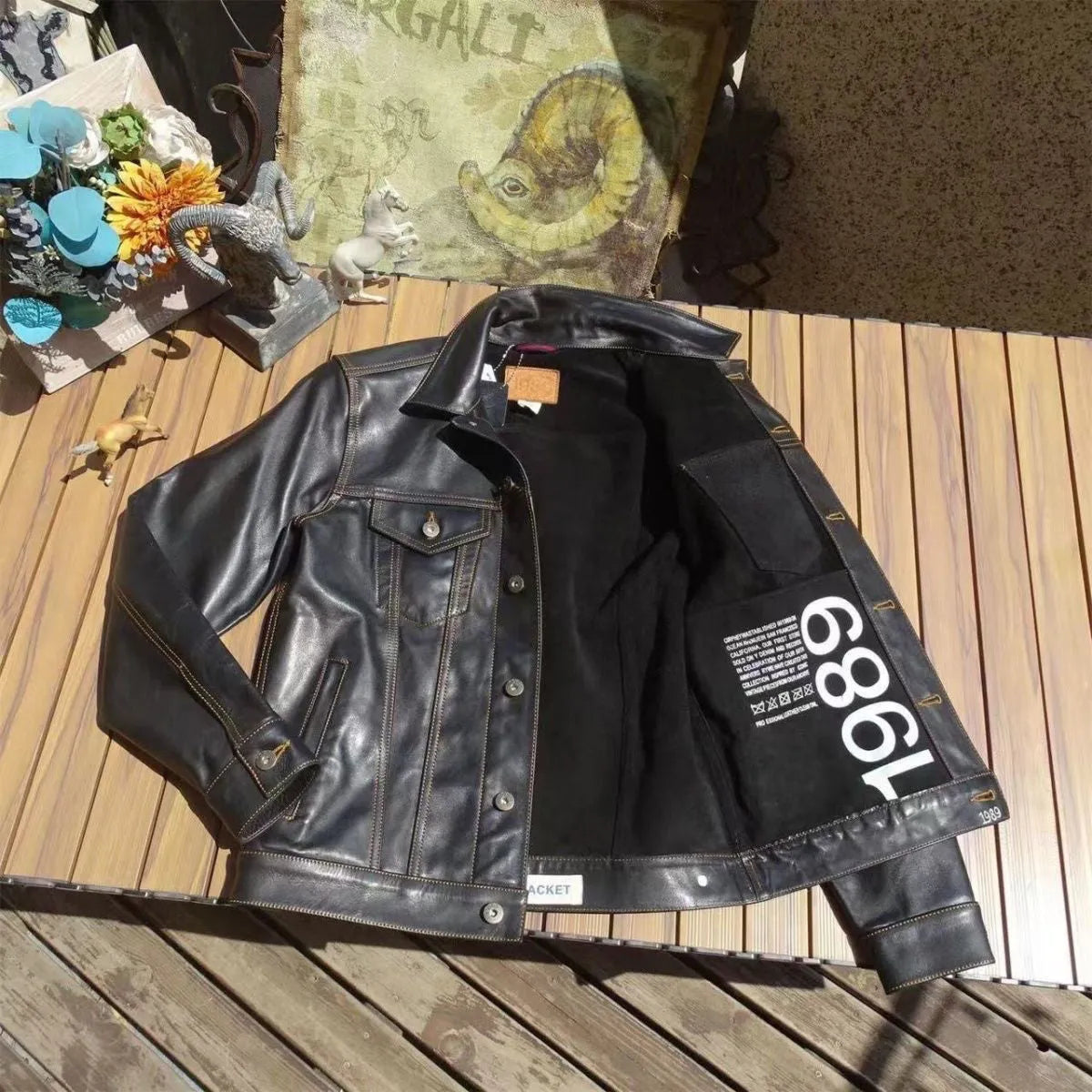 Men's cowhide leather jacket western cowboy retro workwear no lining short length black coffee