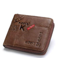 Men's coffee-coloured soft leather wallet with vintage locomotive pattern and horizontal design