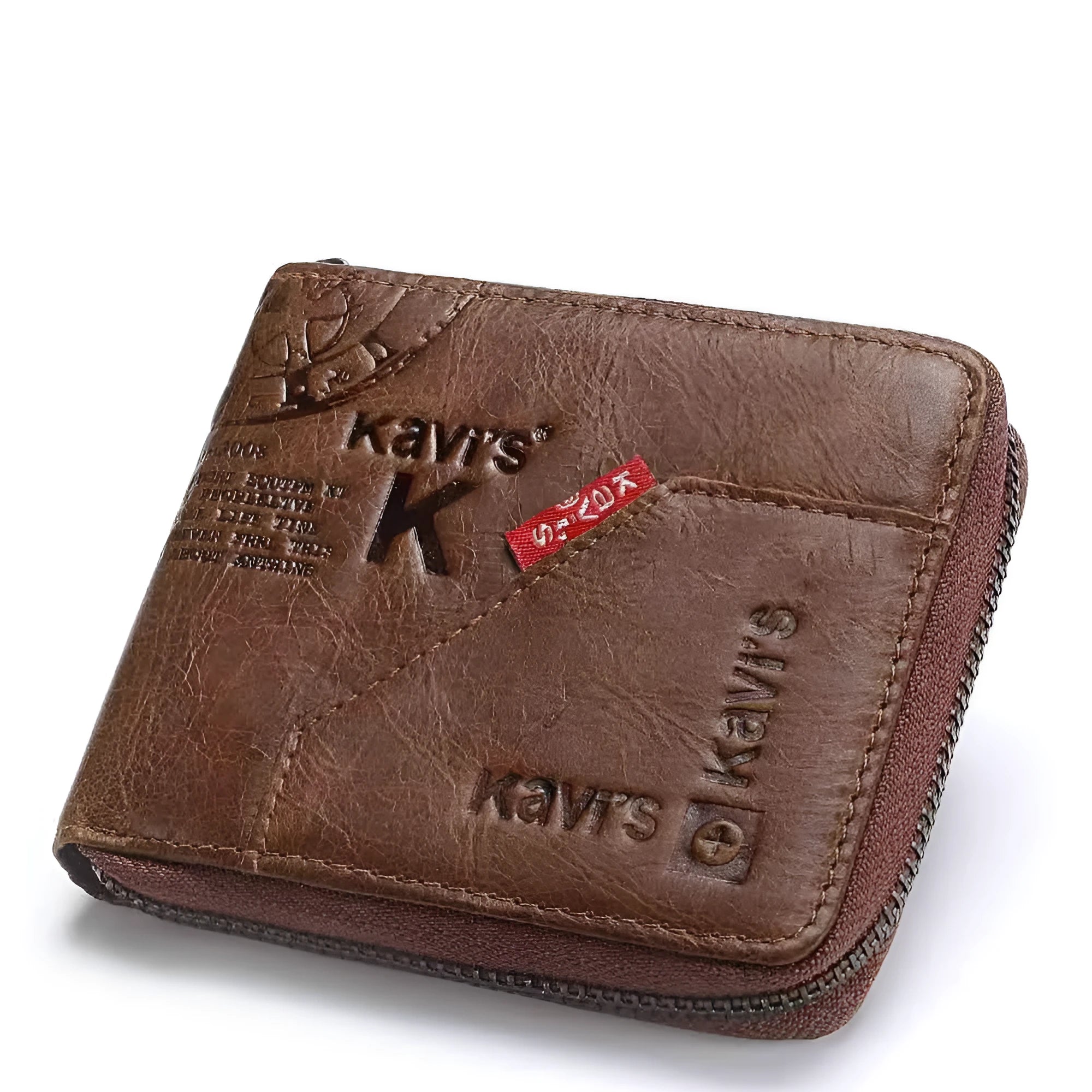 Men's coffee-coloured soft leather wallet with vintage locomotive pattern and horizontal design