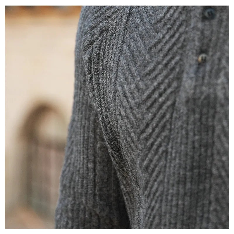 Men's thickened warm base sweater with stand collar in apricot colour, long sleeves, knit fabric