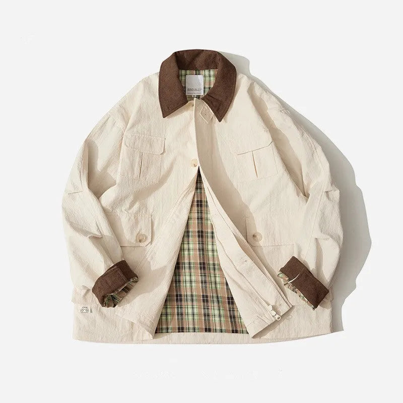 Men's and women's contrast color casual jacket in green or apricot polyester with long sleeves and side pockets