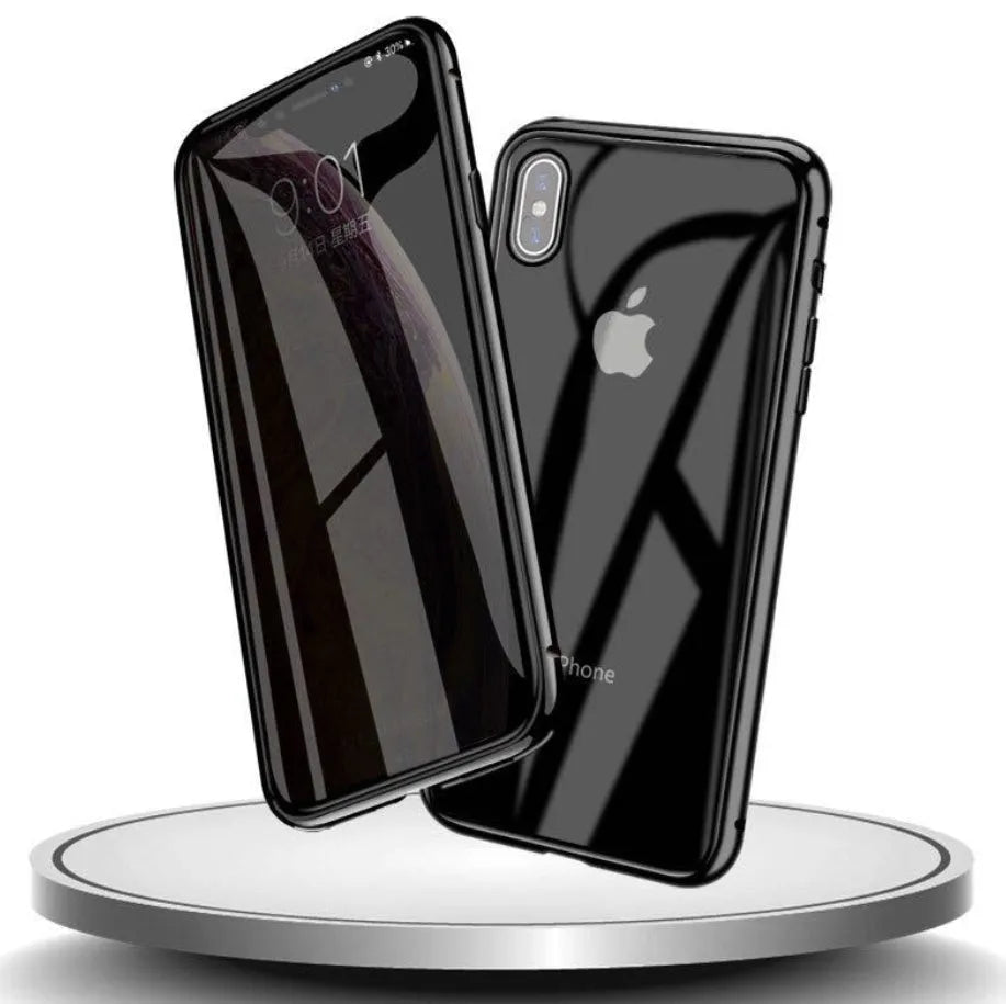 Glass anti-spy phone case with closed clamshell design showing geometric styling