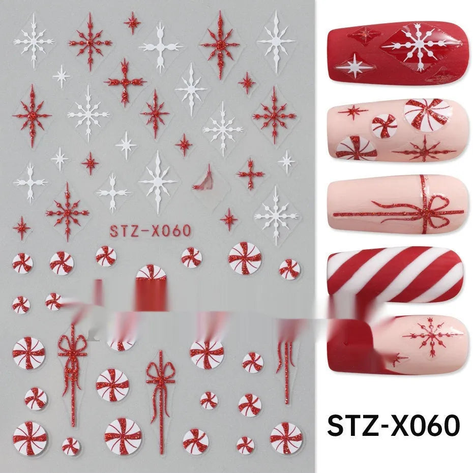 Sheet of black and silver strip nail art stickers with cartoon and love heart designs
