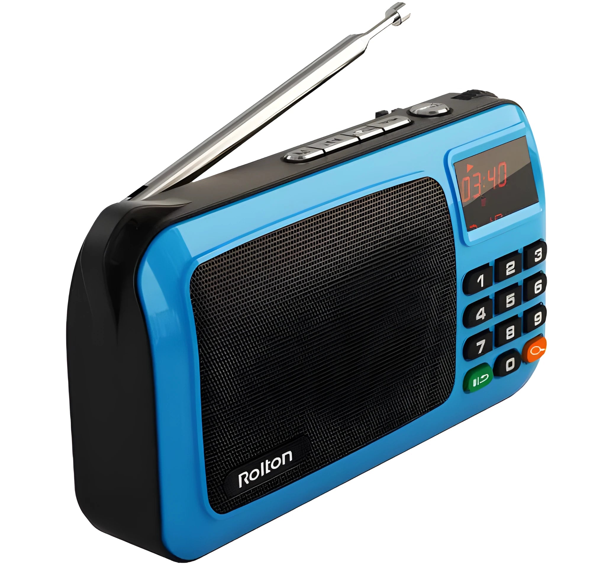 Rolton W405 portable FM radio and MP3 speaker in blue, showing LED screen and compact size