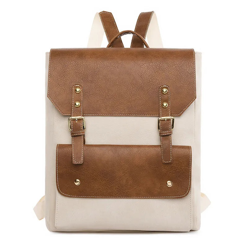 Korean retro style simple backpack in soft PU leather, shown in black, dark brown, milky white, and brown colour options.