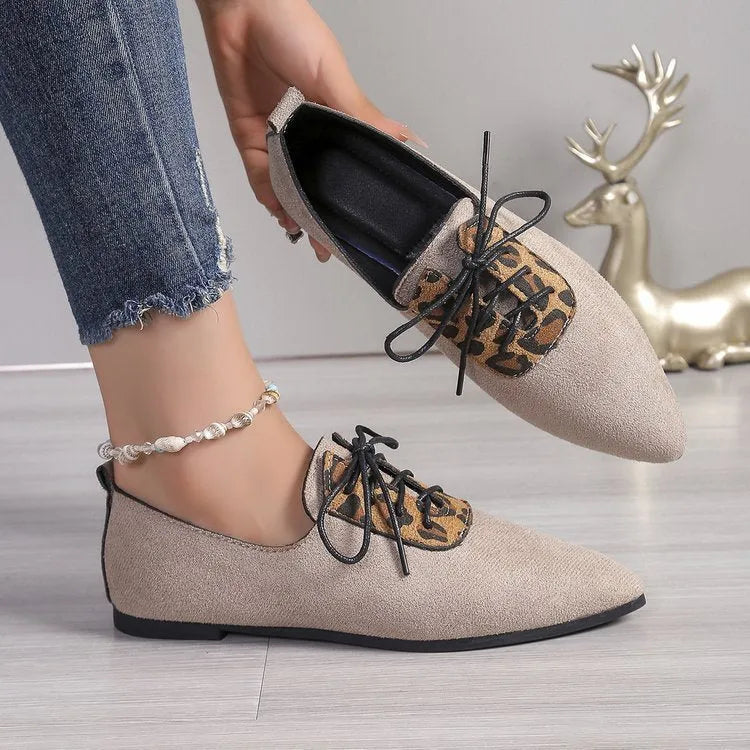 Beige leopard print women's plus size pumps with pointed toe design showing sizes 36-43