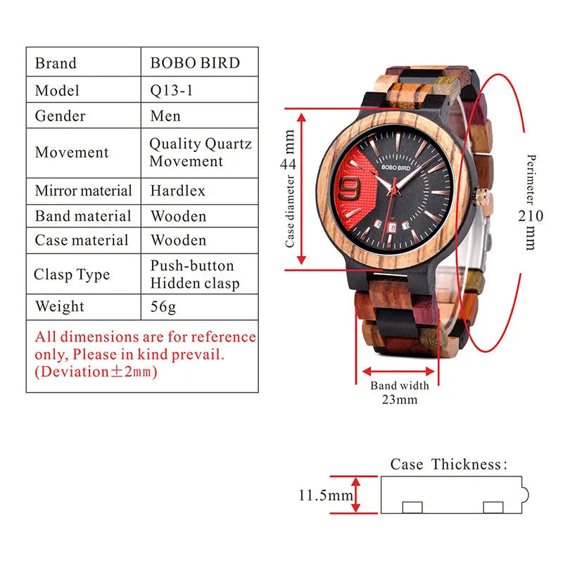 BOBO BIRD Q13 men's wooden watch black red natural wood case 44mm