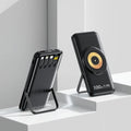 20000 MA power bank with built-in cable and fast charging, compact PVC shell in black