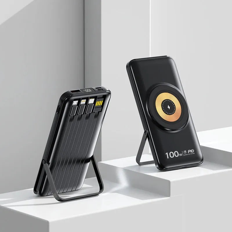 20000 MA power bank with built-in cable and fast charging, compact PVC shell in black