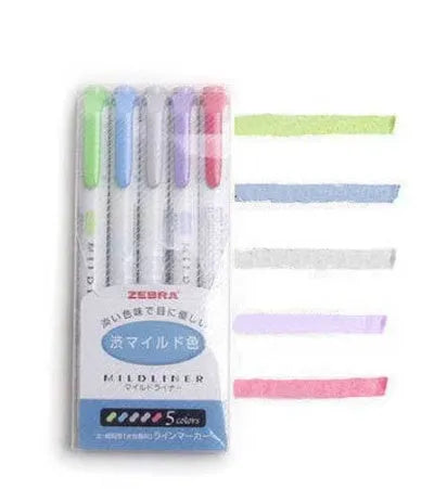 Five Zebra Mildliner double-sided highlighters with softly-coloured water-based ink, chisel and fine bullet tips, in a set