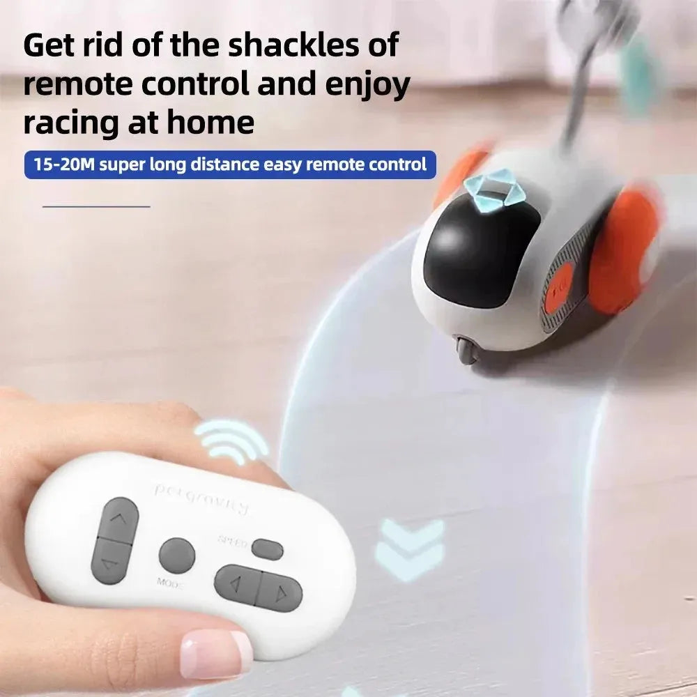 Smart cat toy car with remote control in blue colour showing feather teaser attachment and USB charging port