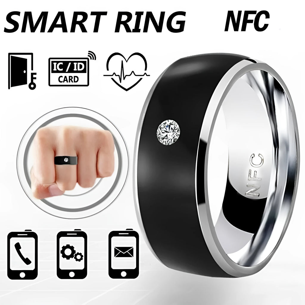 Black NFC multifunctional smart ring on finger for smartphone unlock, waterproof design