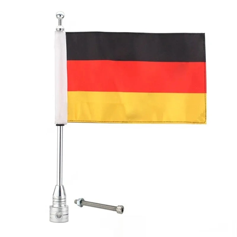 Black and silver aluminium motorcycle flagpole for mounting on luggage racks and top boxes.