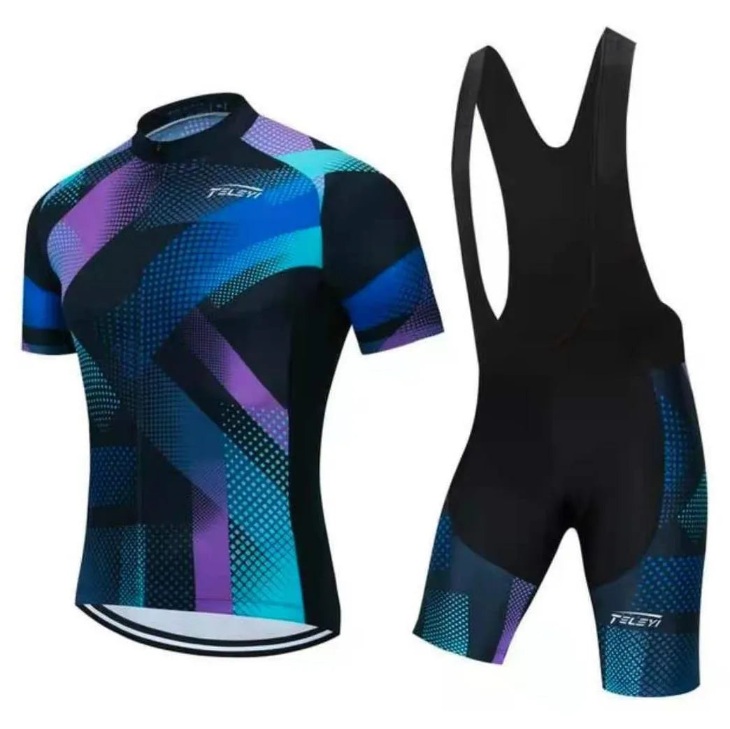 Cycling jersey set comprising a moisture-wicking top and pants for summer biking.