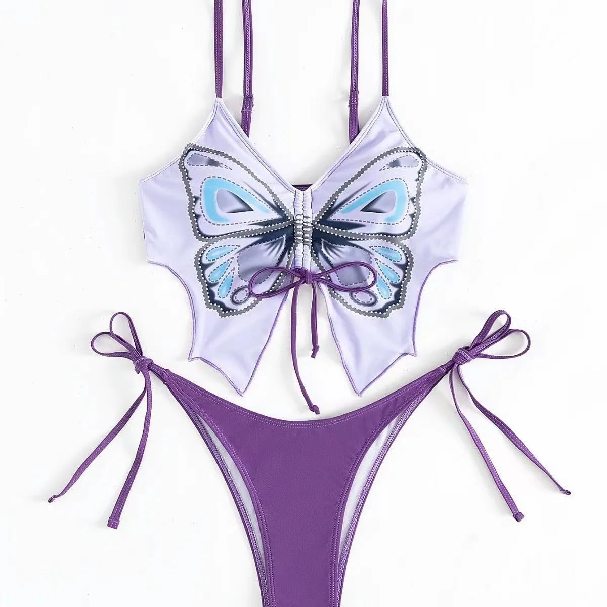 Women's purple bow ins style split bikini set with sleeveless top and briefs for swimming.