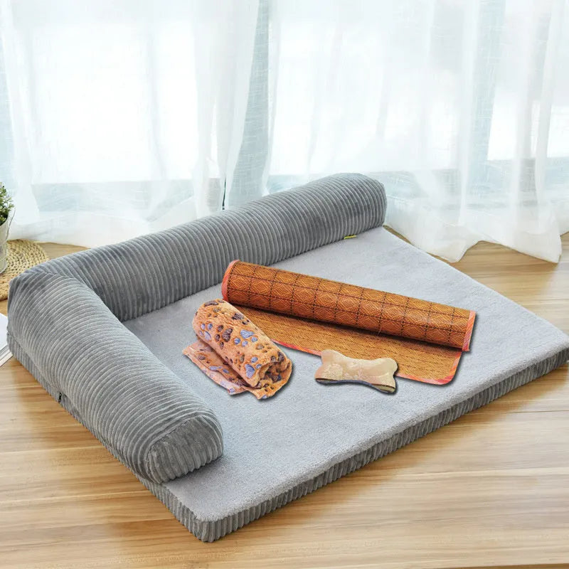 Corduroy pet sofa dog bed with raised edges in coffee colour showing reversible bilateral design