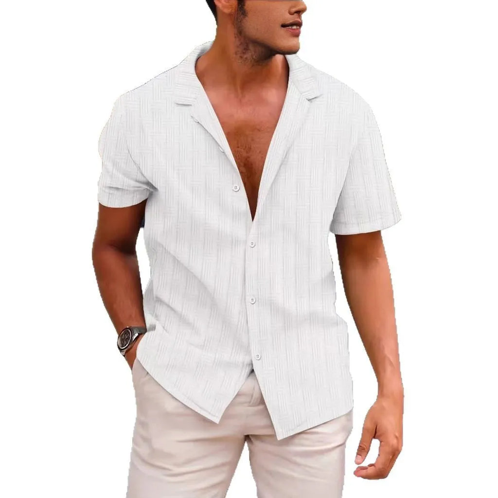Corduroy short sleeve summer shirt in solid colour with British style cardigan design