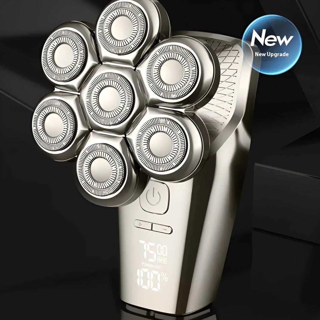Men's multifunctional magnetic knife head electric shaver with floating cutter and LED display on black background