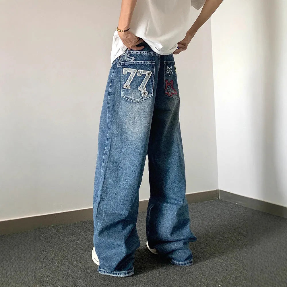 Blue designer embroidered high-waisted retro loose slimming trousers for teenagers