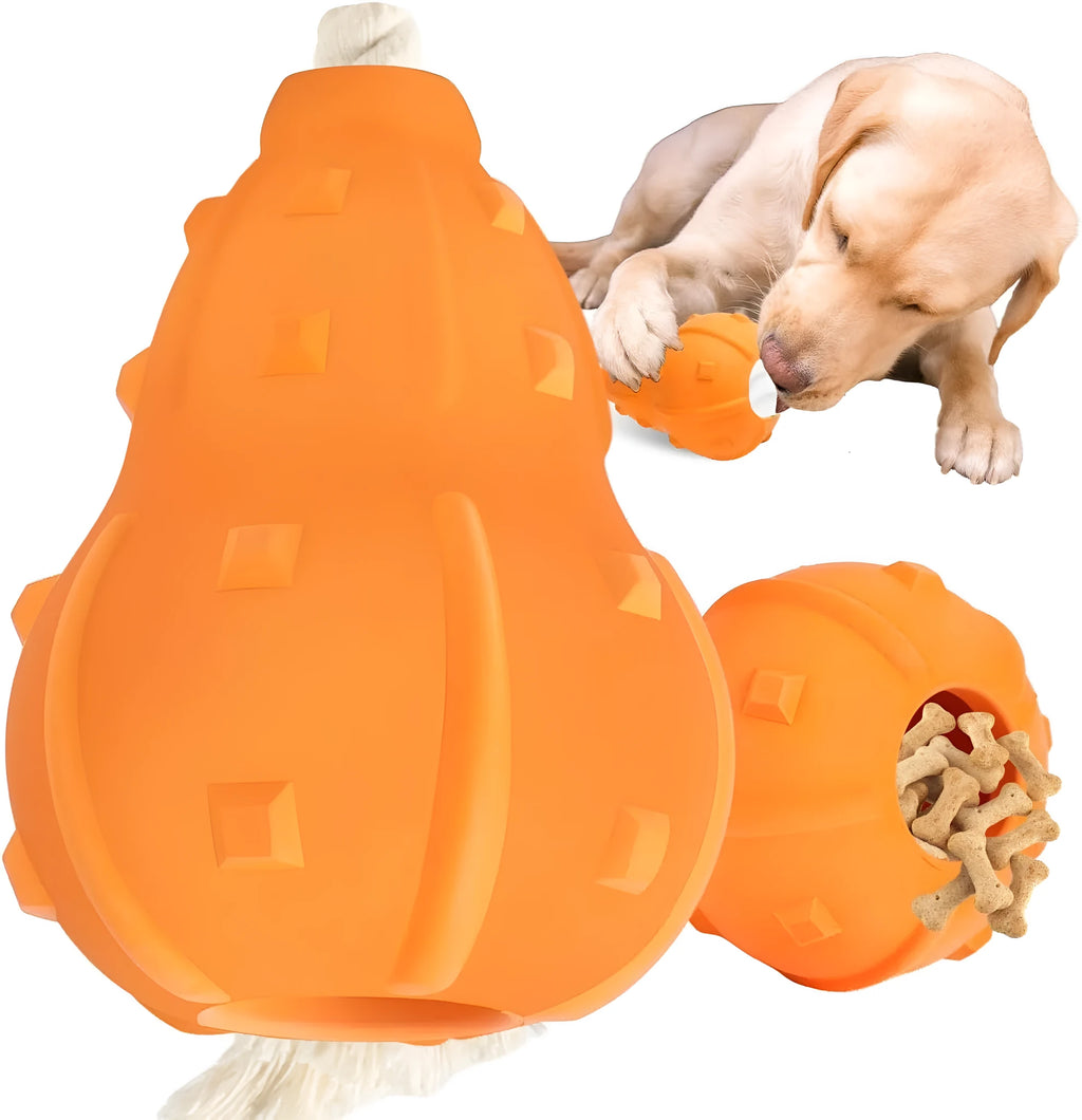 Natural rubber stuffable dog toy with longer strap for interactive play