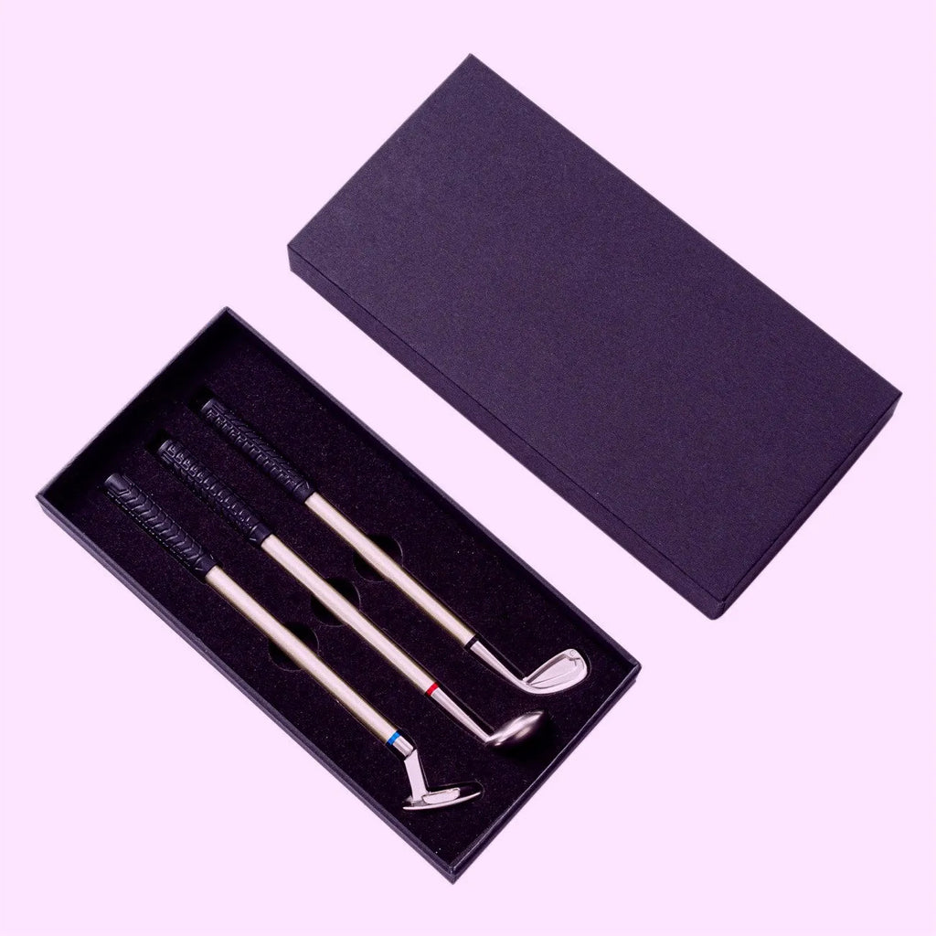 Three metal ballpoint pens with golf-themed suit design showing measurements of 18.5cm length