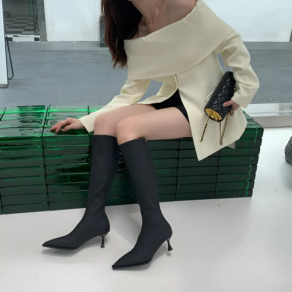 Women's black pointed toe stiletto heel boots with a back zip closure