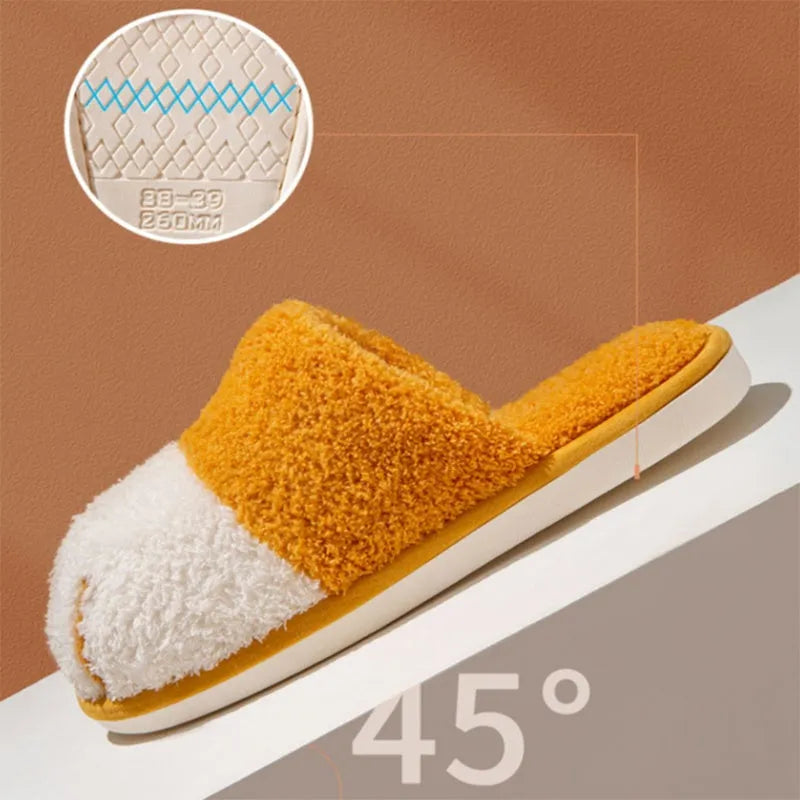 Furry paw slippers in caramel colour, suede upper with closed-toe Baotou style, non-slip PVC sole for indoor use