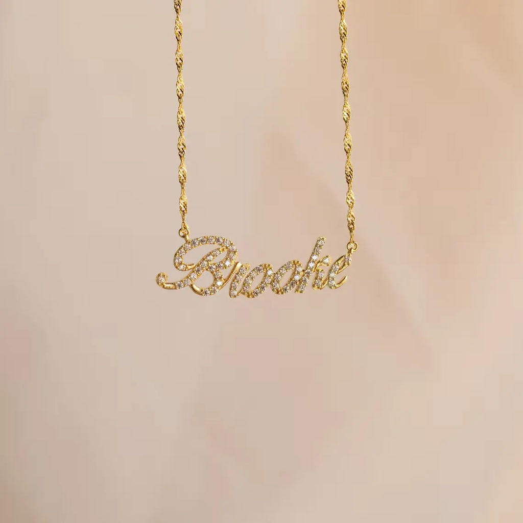 Customised copper geometric name necklace for women in gold finish