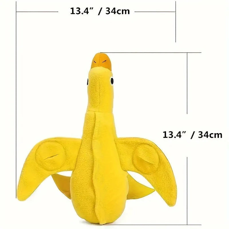 Yellow teddy bear duck plush dog toy with squeaker and treat holes.
