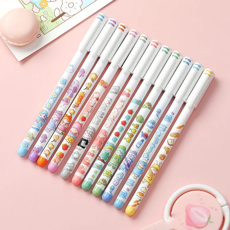 Twelve-color cartoon gel pen set with 0.5mm fine plastic tip in assorted colours.