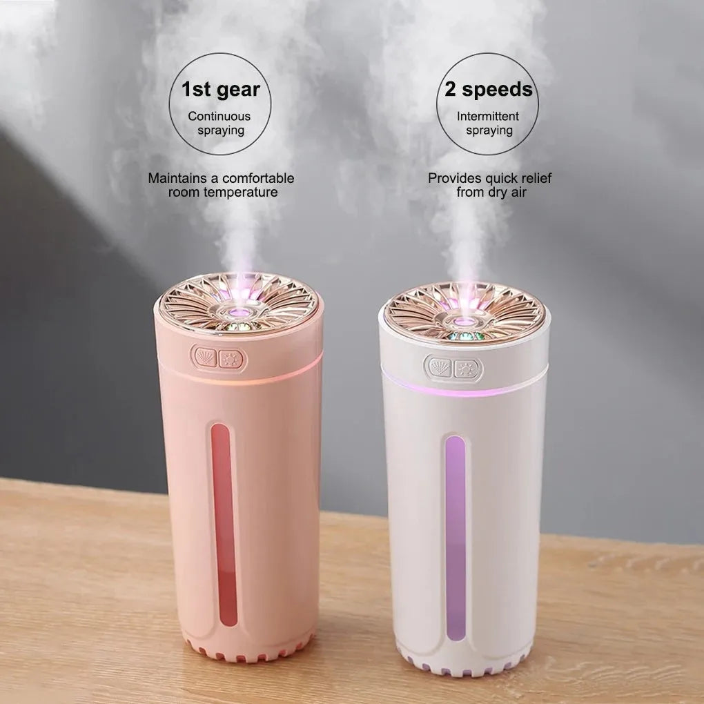 Black and white rechargeable USB humidifier with colourful lights for car and desk use.