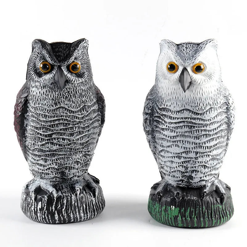 Three-piece set of red artificial PE plastic owl garden ornaments on a white background