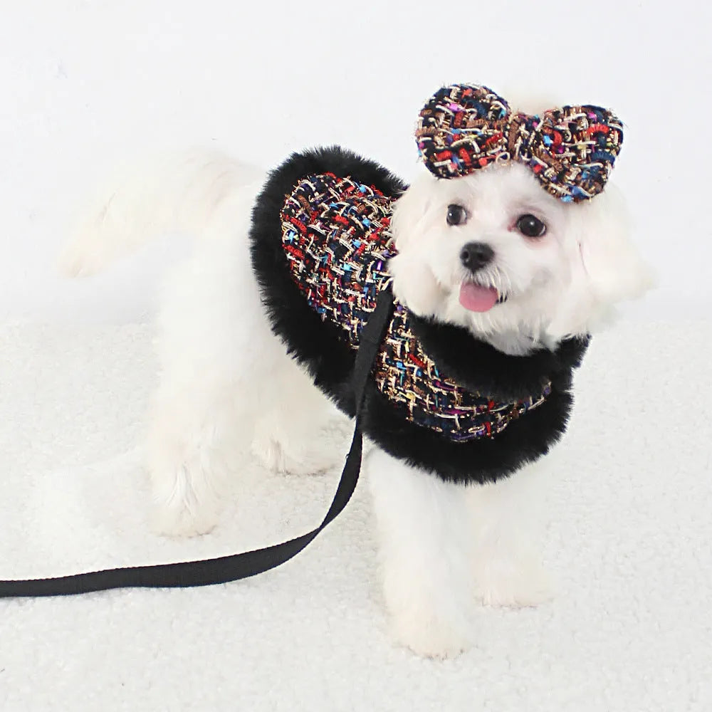 Classic style dog cloak with chest strap and hand holding rope in cloth material