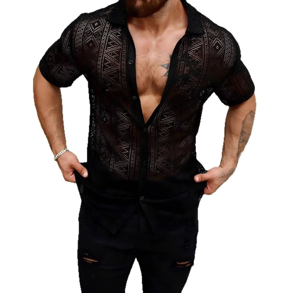 Men's black lace transparent short-sleeved cardigan shirt in polyester, front view, summer fashion style