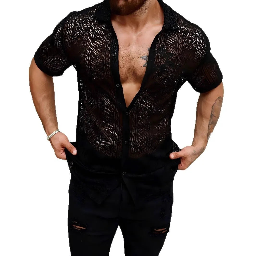 Men's black lace transparent short-sleeved cardigan shirt in polyester, front view, summer fashion style