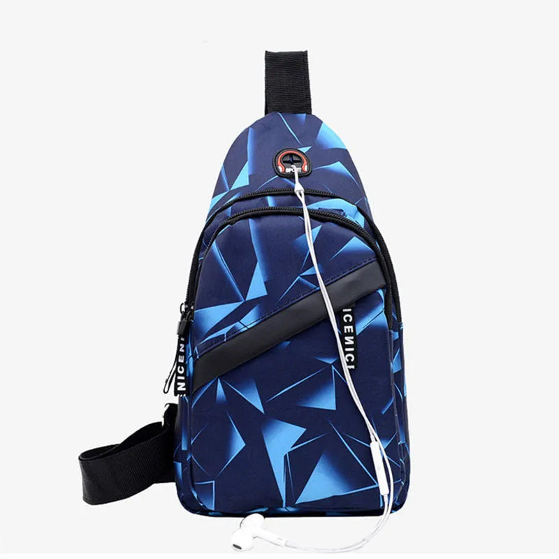 Blue Oxford cloth crossbody sling bag with earphone hole and zipper pocket.