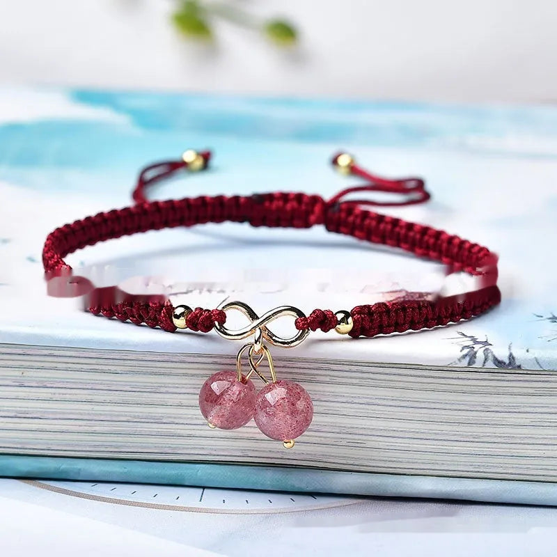 Natural Strawberry Quartz cherry bracelet for women with fruit-shaped crystal beads on adjustable band