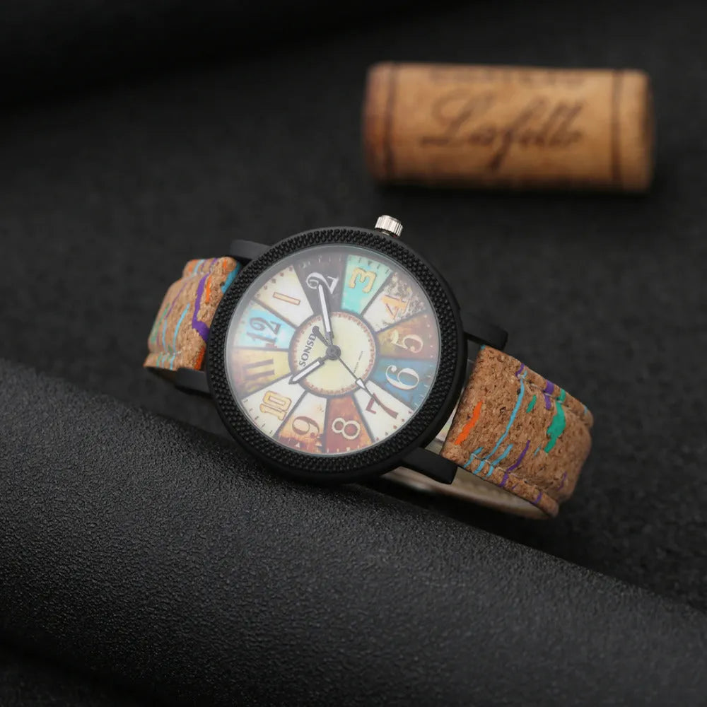Women's vintage casual quartz watch with brown leather strap and 37mm round dial