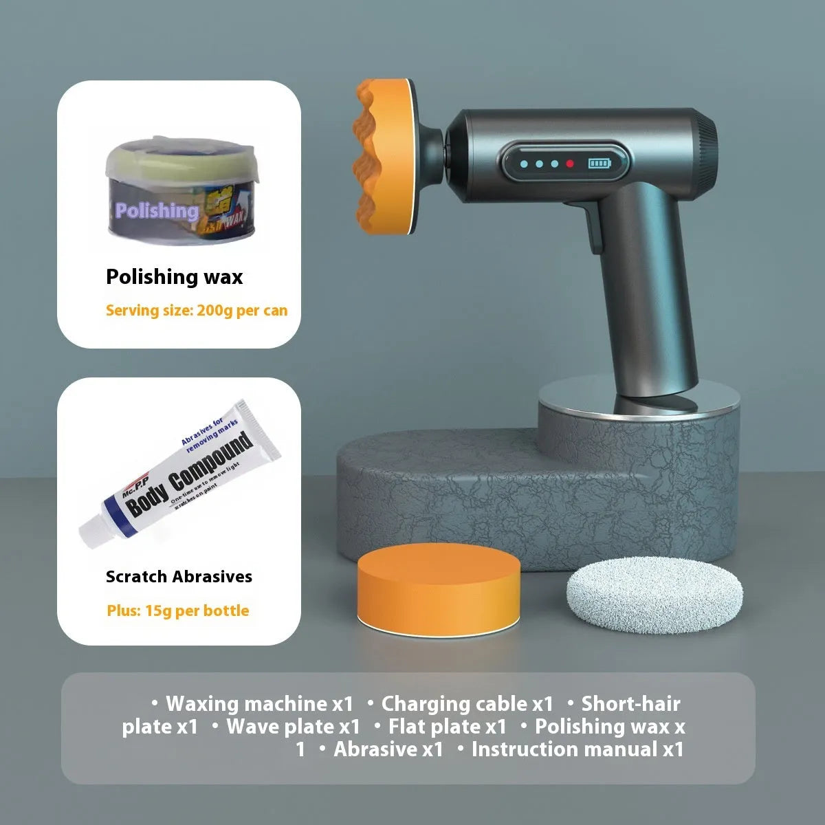 Wireless car polishing machine with three pads and charging cable on workbench
