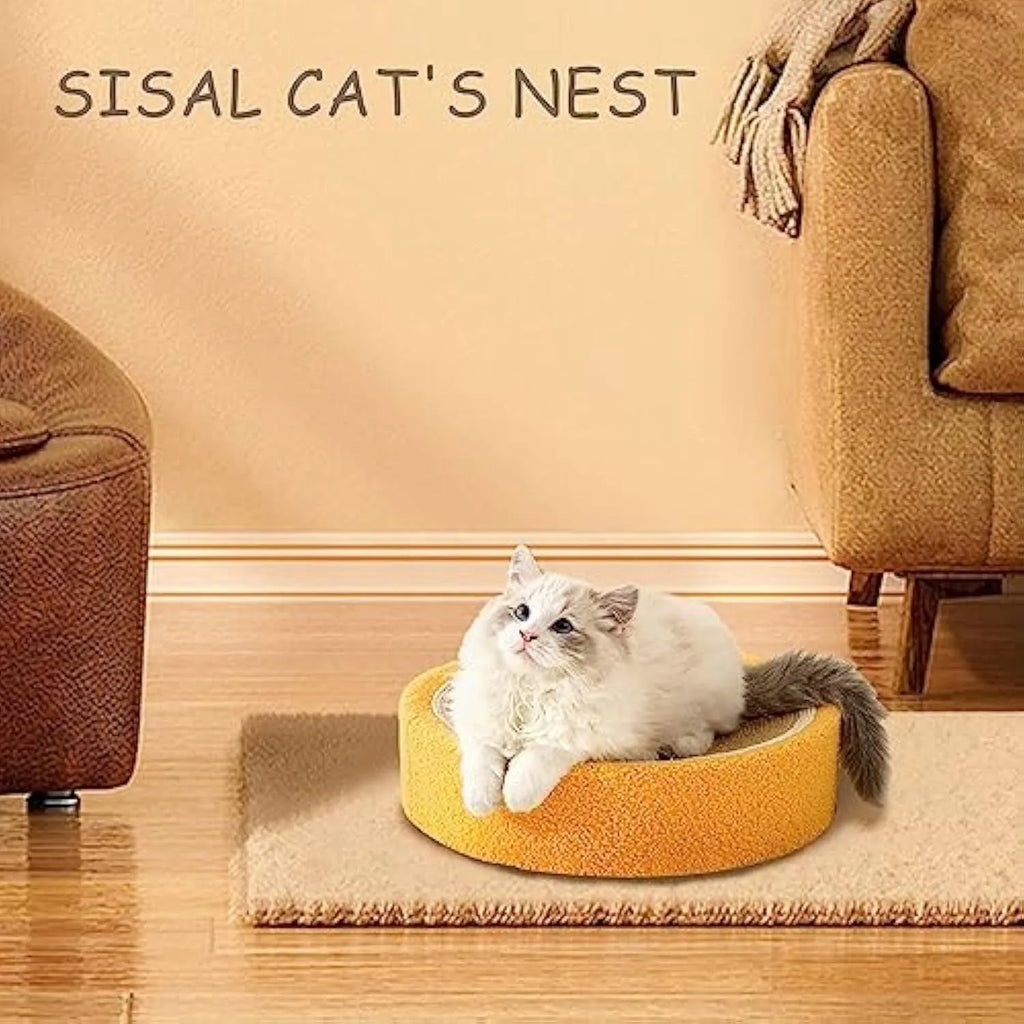Orange round sisal cat scratching board and bed measuring 390mm diameter