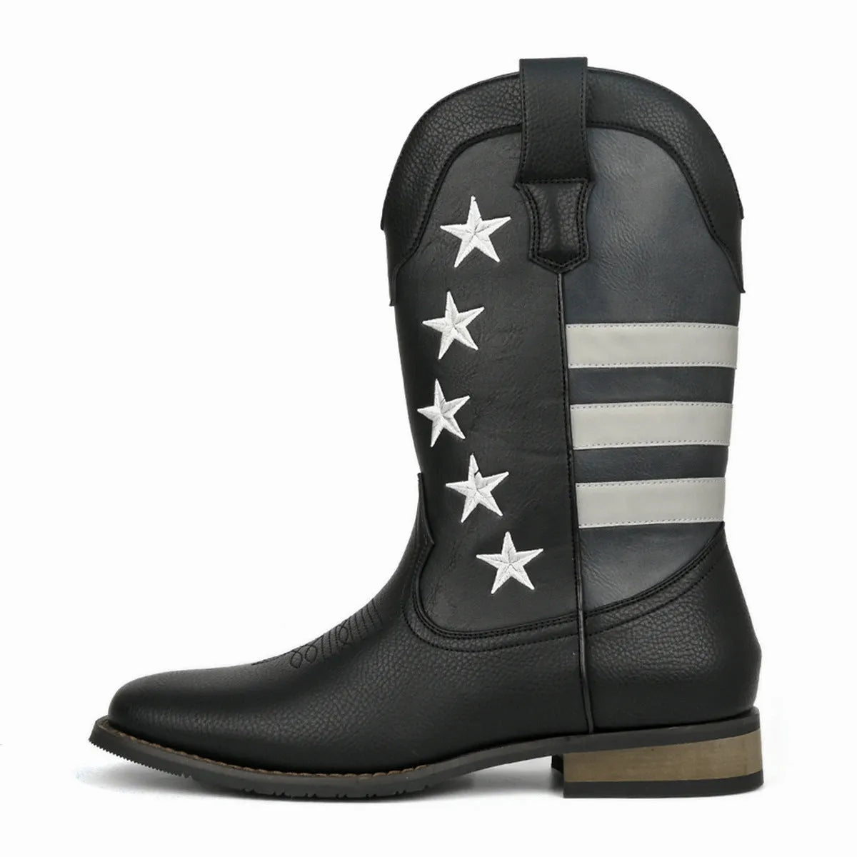Men's black cowboy boots with a five-pointed star design and low square heel.