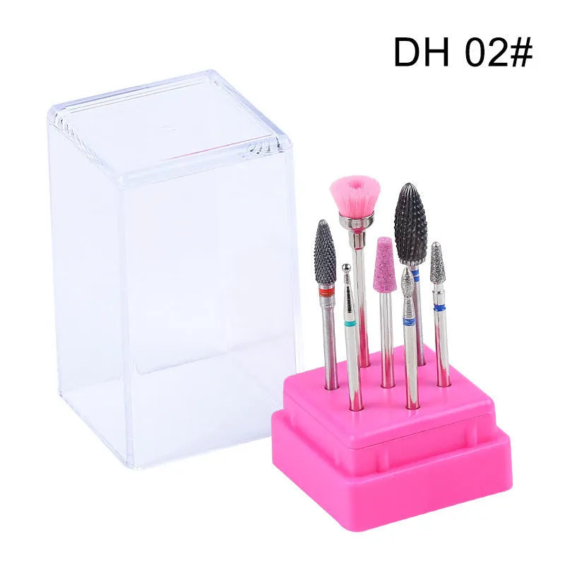 Tungsten steel nail drill polishing head set with 7 bits and a brush in a transparent case.
