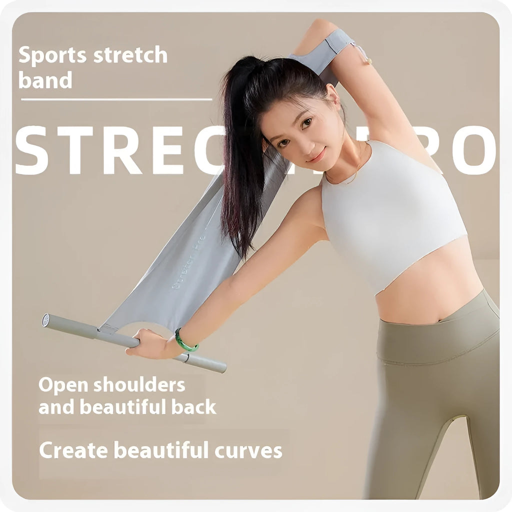 Grey and pink yoga stretching tool for shoulder and hip flexibility.