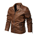 Men's PU leather biker jacket with stand collar, zipper front, and zipper pockets in black