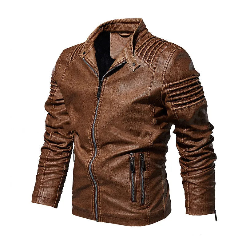 Men's PU leather biker jacket with stand collar, zipper front, and zipper pockets in black