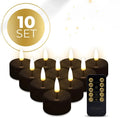 Four black S10 LED tealight candles showing dimensions and flameless LED lighting