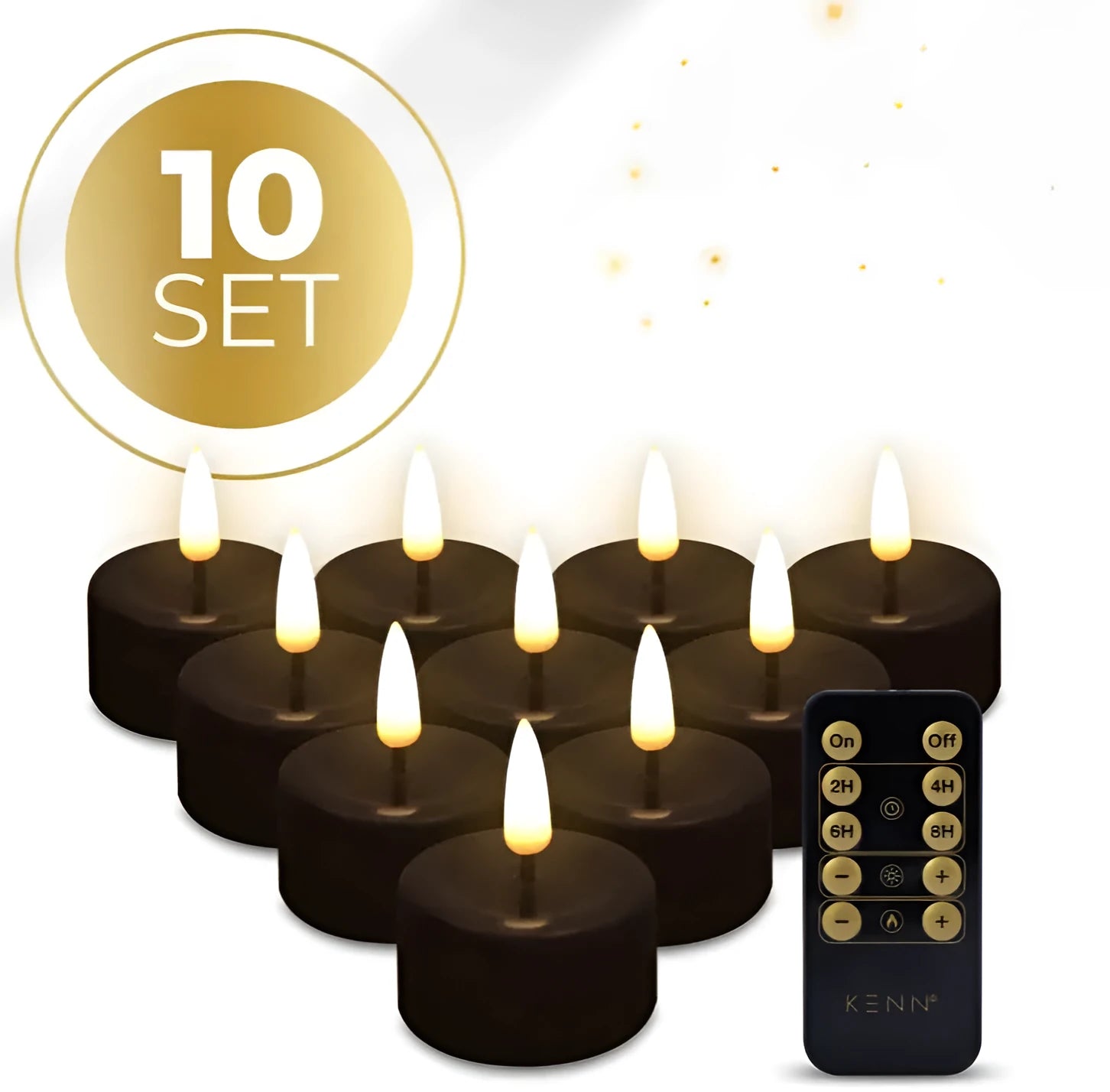 Four black S10 LED tealight candles showing dimensions and flameless LED lighting