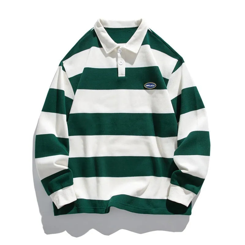 A loose-fit, long-sleeve striped polo shirt with a lapel collar, shown in three colour options.