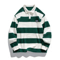 A loose-fit, long-sleeve striped polo shirt with a lapel collar, shown in three colour options.