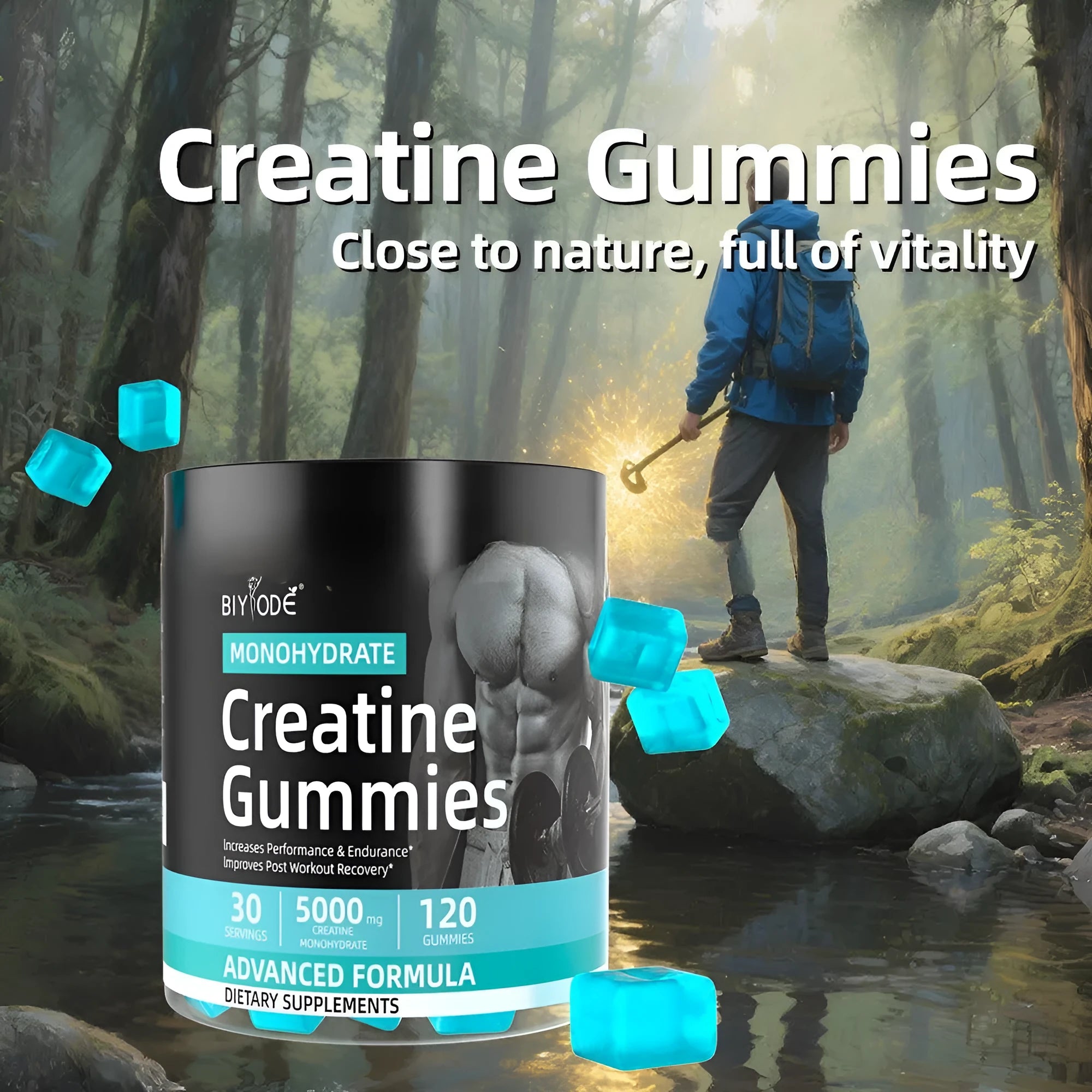 Bottle of water creatine jelly supplement with 120 tablets for sports use